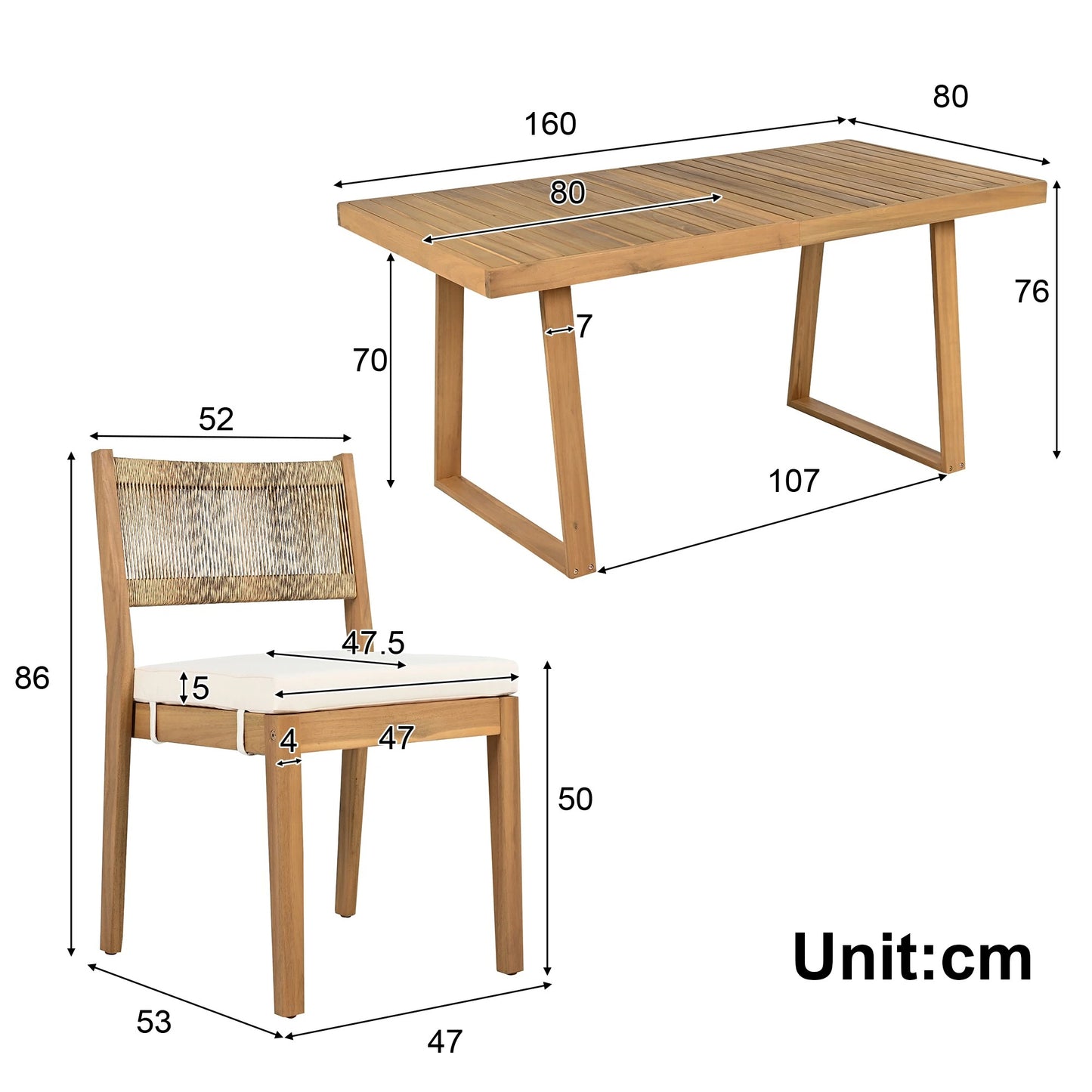 Ensemble Repas Extérieur 5 Pièces – Bois d’Acacia & Dossier en Rotin – 4 Chaises avec Coussins + Table – Crème / Gris